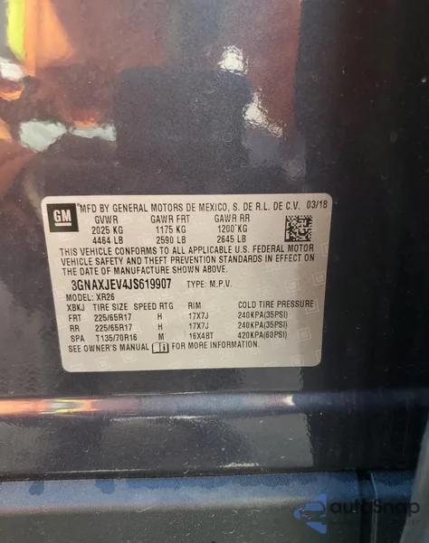 2018 Chevrolet Equinox Lt из США, поврежденный, VIN 3GNAXJEV4JS619907